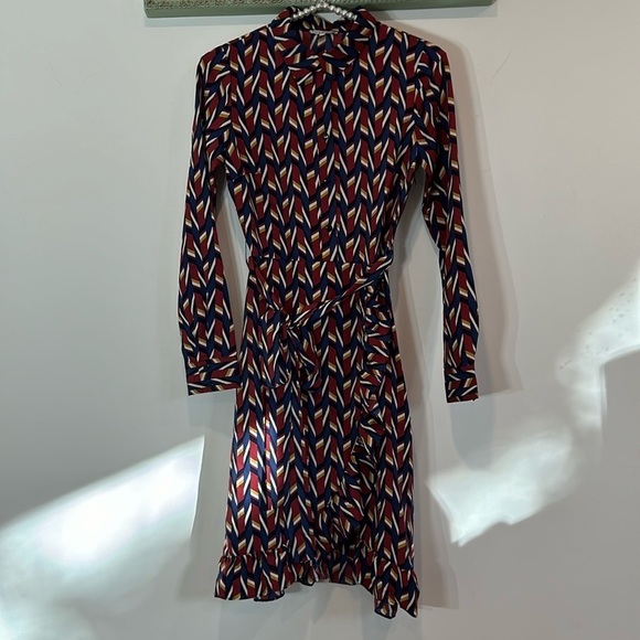 Lace & mesh/ModCloth long sleeve faux wrap mini dress retro geometric print mini - Picture 3 of 13